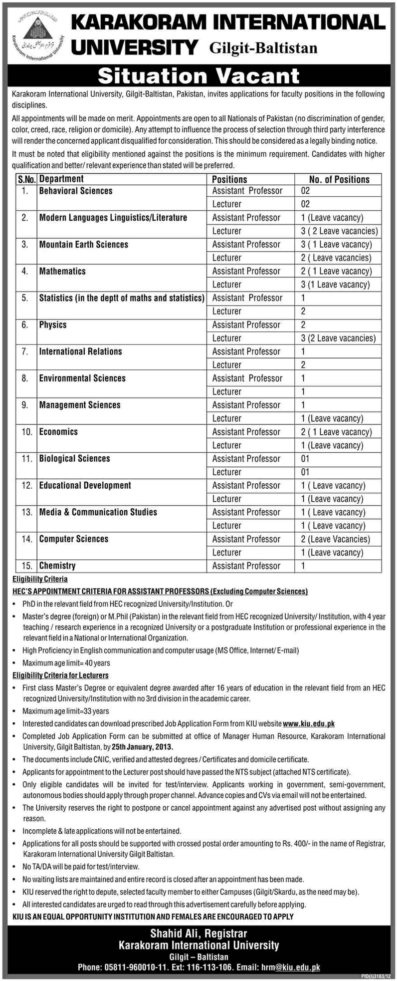 Assistant Professors & Lecturers Jobs at Karakoram International University 2013