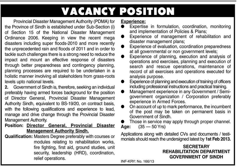 Provincial Disaster Management Authority Sindh Job 2013 for Director General