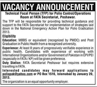 Technical Focal Person (TFP) Required for Polio Control / Operations Room at FATA Secretariat Peshawar