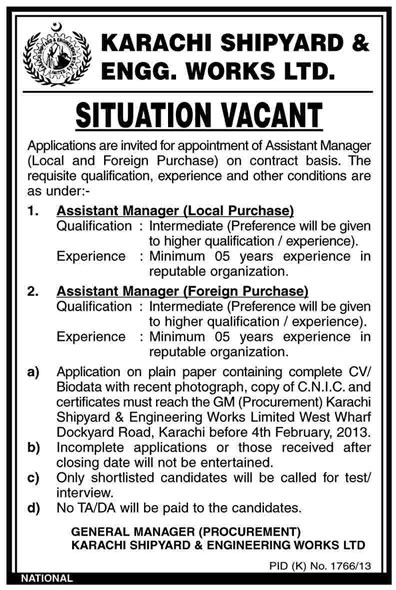 Assistant Managers (Local & Foreign Purchase) Vacancies at Karachi Shipyard & Engineering Works