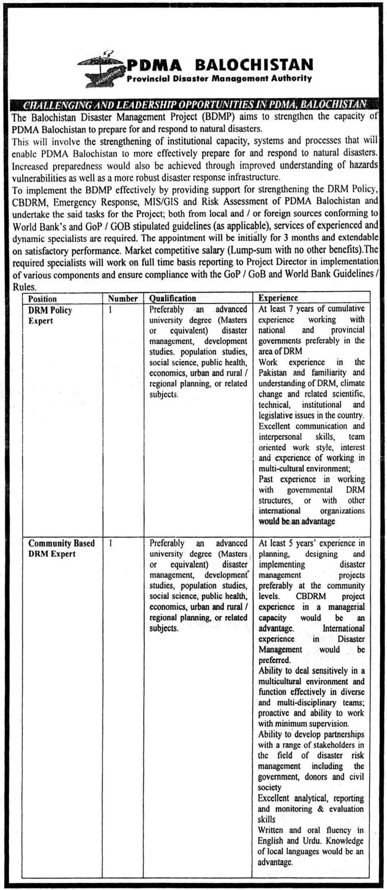 PDMA Balochistan Jobs 2013 for BDMP Project