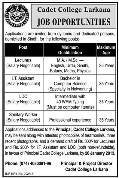 Jobs in Cadet College Larkana 2013