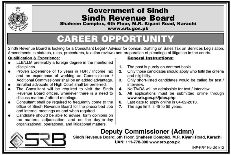 Consultant Legal Advisor Vacancy at Sindh Revenue Board (SRB) 2013