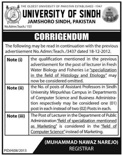 Correction in University of Sindh Jobs 2012 - 2013 for Faculty at Jamshoro & Mirpur Khas