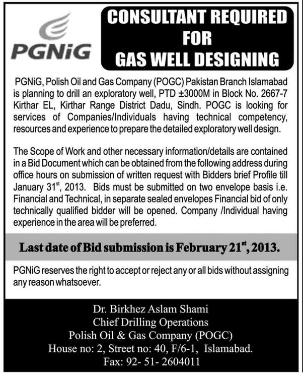 PGNiG, Polish Oil & Gas Company (POGC) Pakistan Job 2013 for Gas Well Designing Consultant