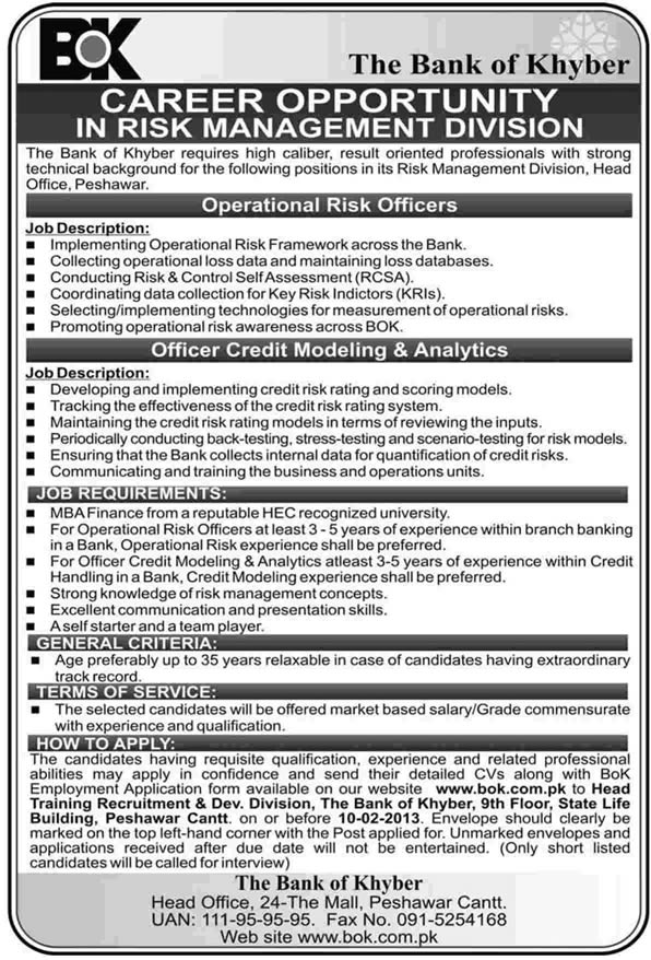 Bank of Khyber Jobs 2013 in Risk Management Division Latest Ad