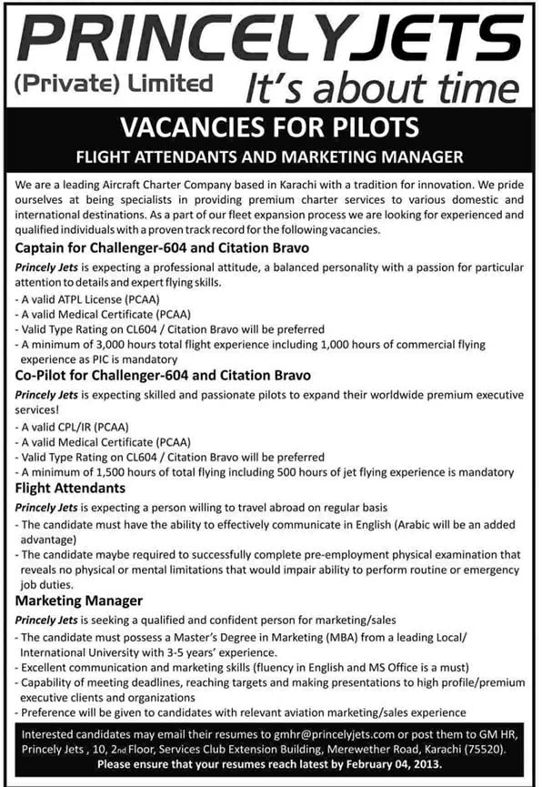 Princely Jets Jobs for Pilots, Flight Attendants & Marketing Manager