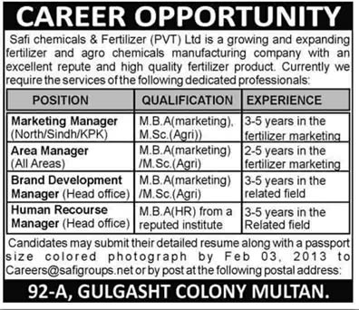 HR & Marketing Managers Jobs at Safi Chemicals & Fertilizers (Pvt.) Ltd