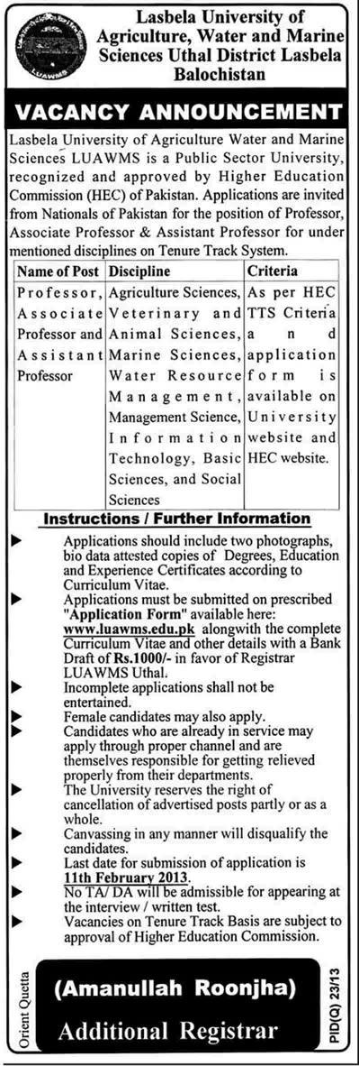 Faculty Jobs in Lasbela University of Agriculture, Water & Marine Sciences 2013