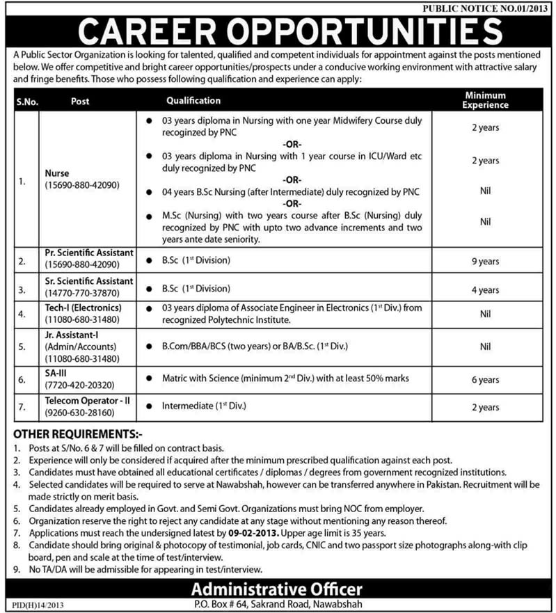 PO Box 64 Nawabshah Jobs 2013 Latest Ad