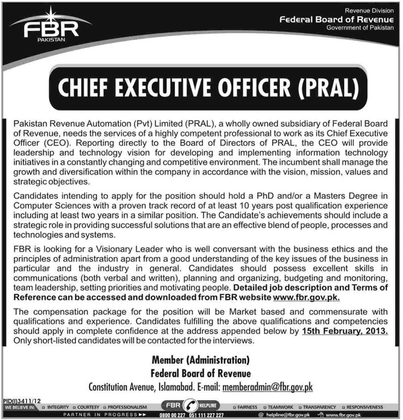 PRAL Jobs 2013 Islamabad for Chief Executive Officer (CEO)