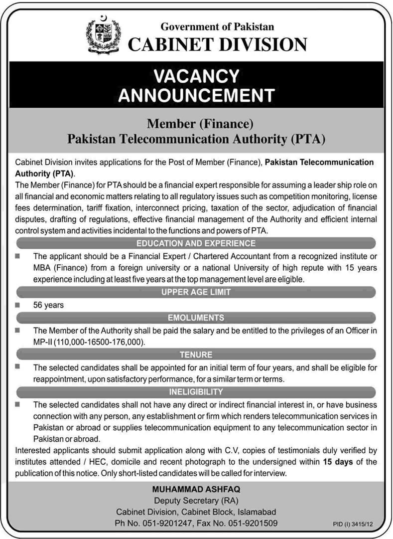 Pakistan Telecommunication Authority Member Finance Vacancy 2013 at Islamabad