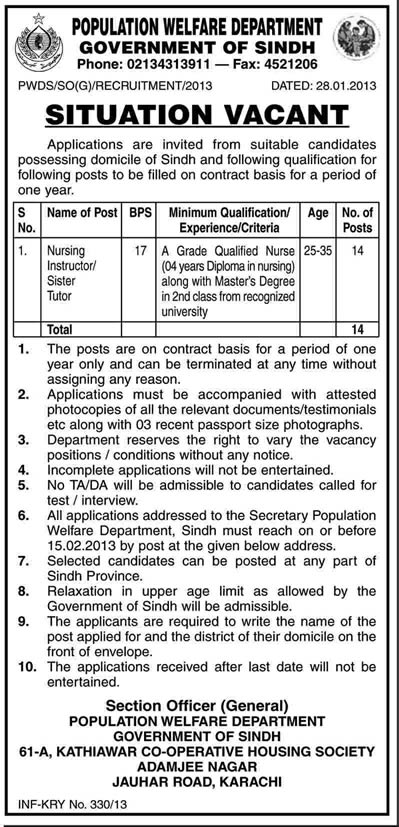 Population Welfare Department Sindh Jobs 2013 for Nursing Instructor / Sister Tutor