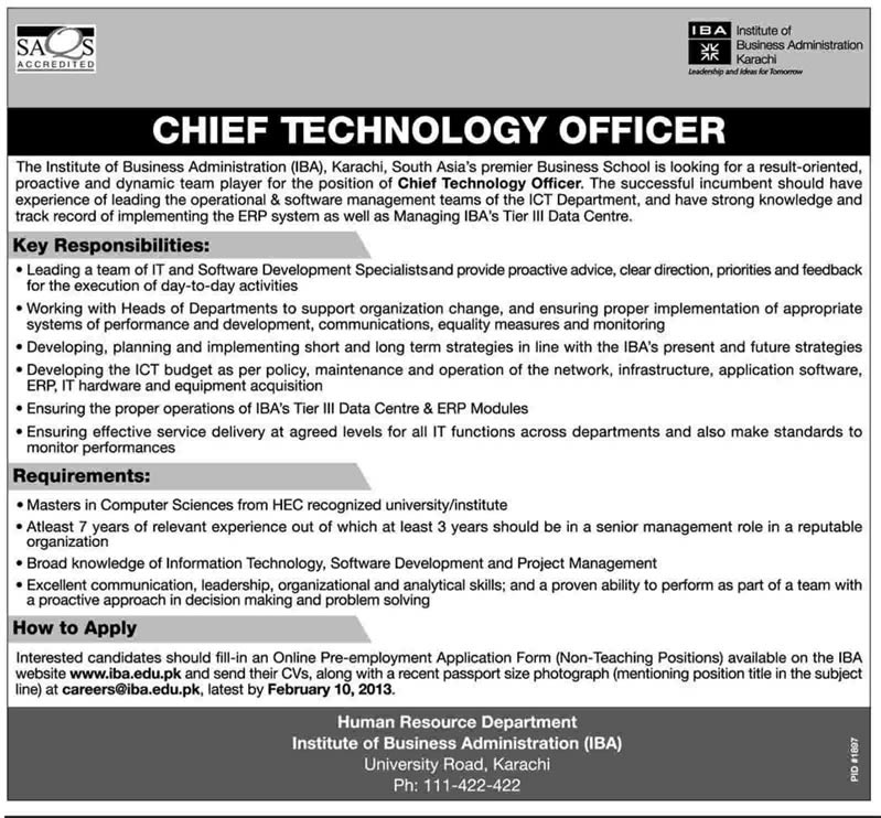 IBA Karachi Job 2013 for Chief Technology Officer