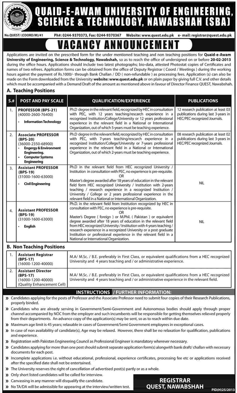 Quaid-e-Awam University of Engineering, Science & Technology (QUEST) Nawabshah Jobs 2013 Faculty & Administration
