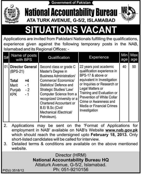 National Accountability Bureau Jobs 2013 for Director Generals