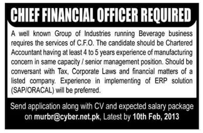 Chief Financial Officer Job 2013 at a Beverage Company