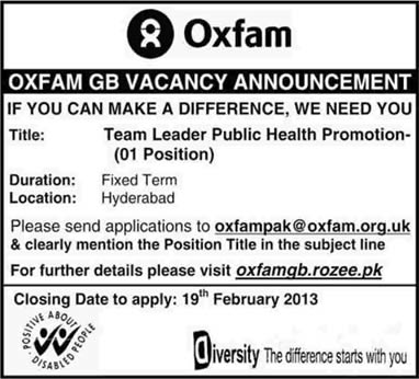 Oxfam GB Pakistan Job 2013 for Team Leader Public Health Promotion