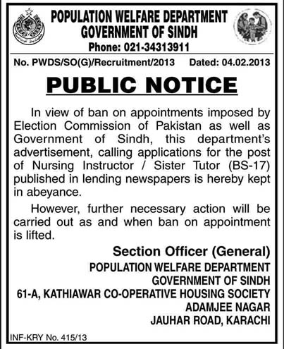 Suspension of Population Welfare Department Sindh Jobs for Nursing Instructor / Sister Tutor