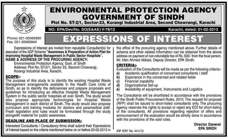 Environmental Protection Agency, Sindh Requires Consultant for Action Plan for Public Sector Hospital Waste Management