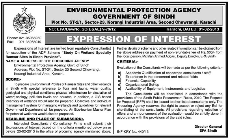 Environmental Protection Agency, Sindh Requires Consultant for Study of Wetland Specially Ramsar Sites in Sindh Province