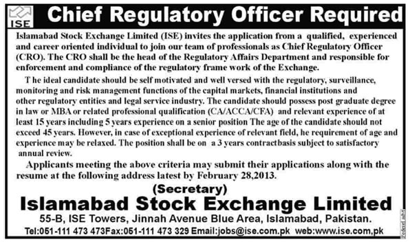 Islamabad Stock Exchange Job 2013 for Chief Regulatory Officer (CRO)