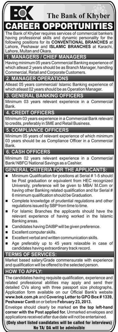 Bank of Khyber Jobs 2013 Islamic Banking & Conventional