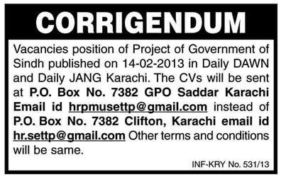 Corrigendum: PO Box 7382 Karachi Jobs in PMU of a Sindh Government Project (SETTP)