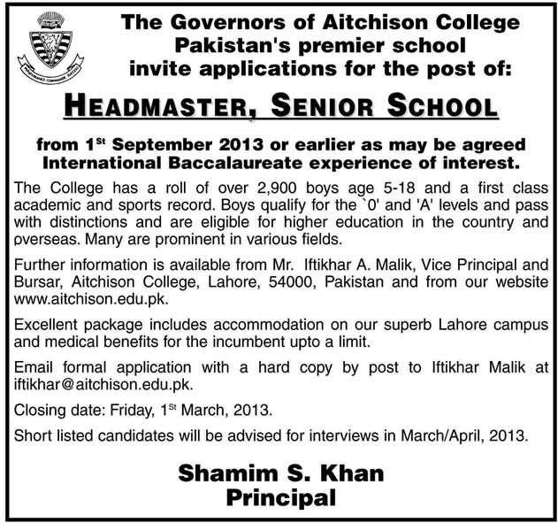 Aitchison College Job 2013 for Headmaster Senior School
