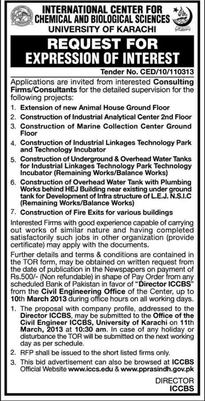 ICCBS University of Karachi Jobs 2013 Consultants for Civil Construction Projects