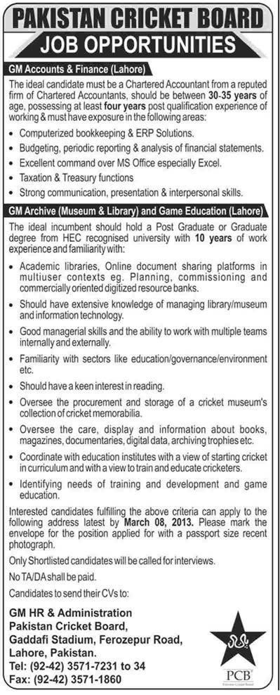 PCB Jobs 2013 Latest for GM Accounts & Finance and GM Archive & Game Education