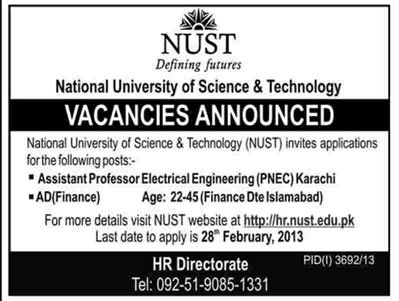 Latest Jobs in NUST 2013 for Assistant Professor & Assistant Director Finance