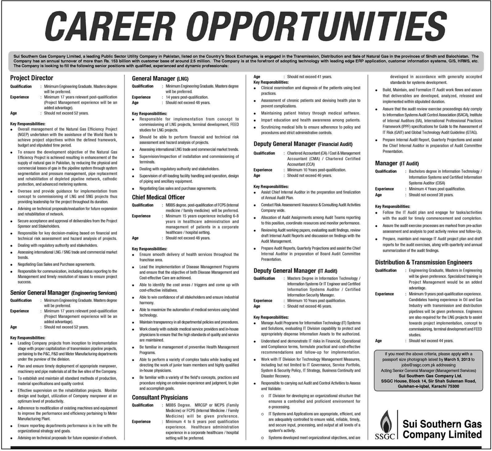 Sui Southern Gas Company Jobs 2013 in Karachi & Sindh Latest Ad for Managers, Doctors & Engineers
