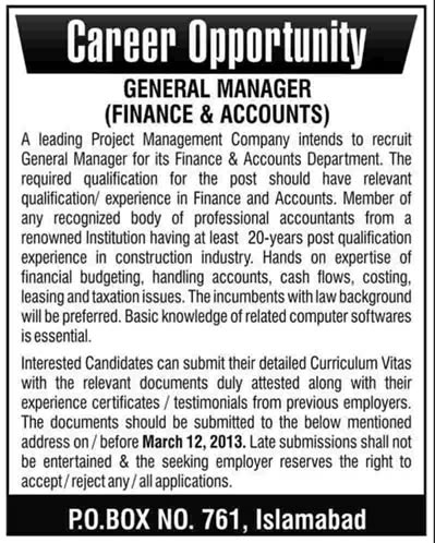 PO Box No 761 Islamabad Job for GM Finance & Accounts