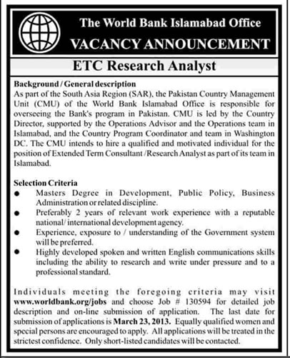The World Bank Islamabad Office Job for ETC Research Analyst