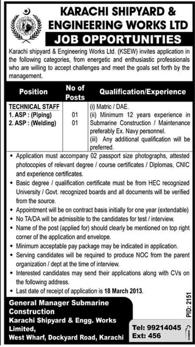 Karachi Shipyard and Engineering Works Jobs 2013 Assistant Superintendents (ASP) Piping & Welding