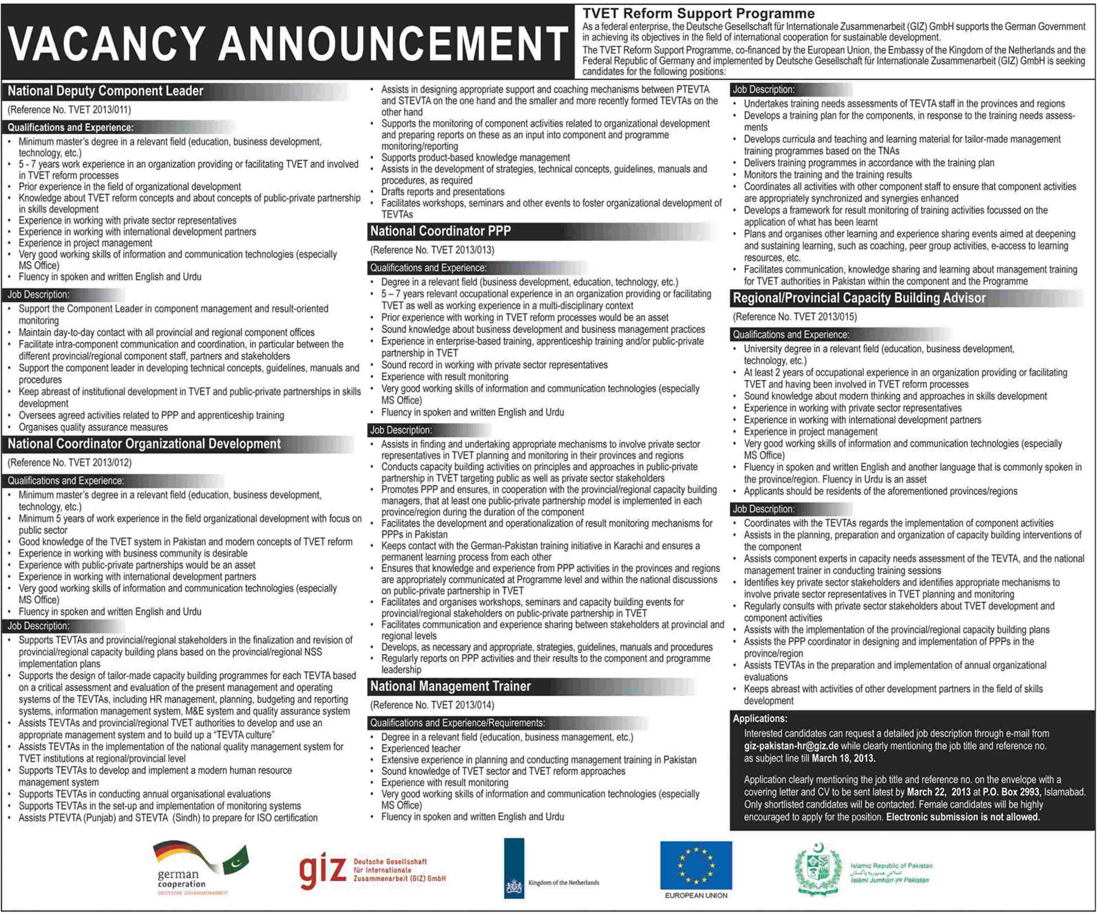 GIZ Pakistan Jobs 2013 Latest in TVET Reform Support Programme