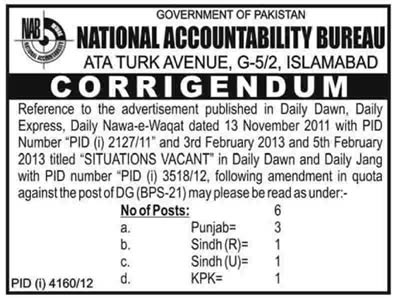 Corrigendum: Increase in Number of Vacancies of Director General at NAB 2013