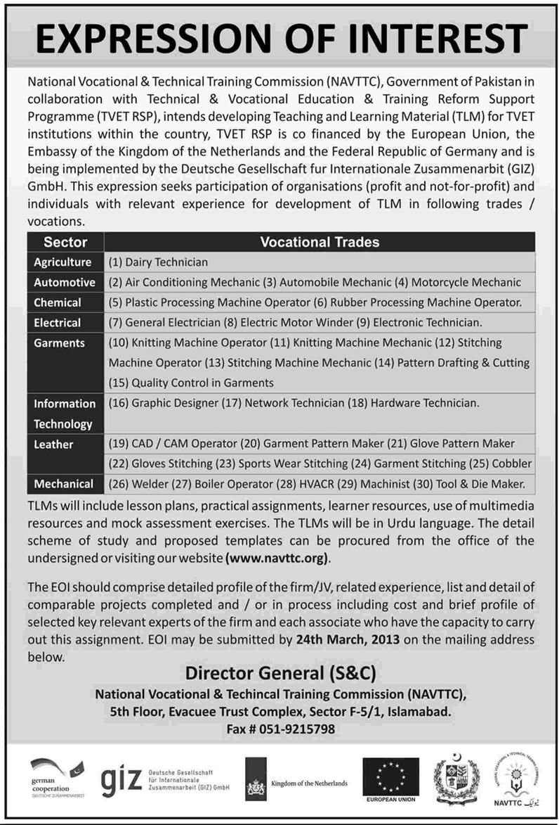 NAVTTC Jobs 2013 Consultants for Developing Teaching & Learning Material for TVET Institutions