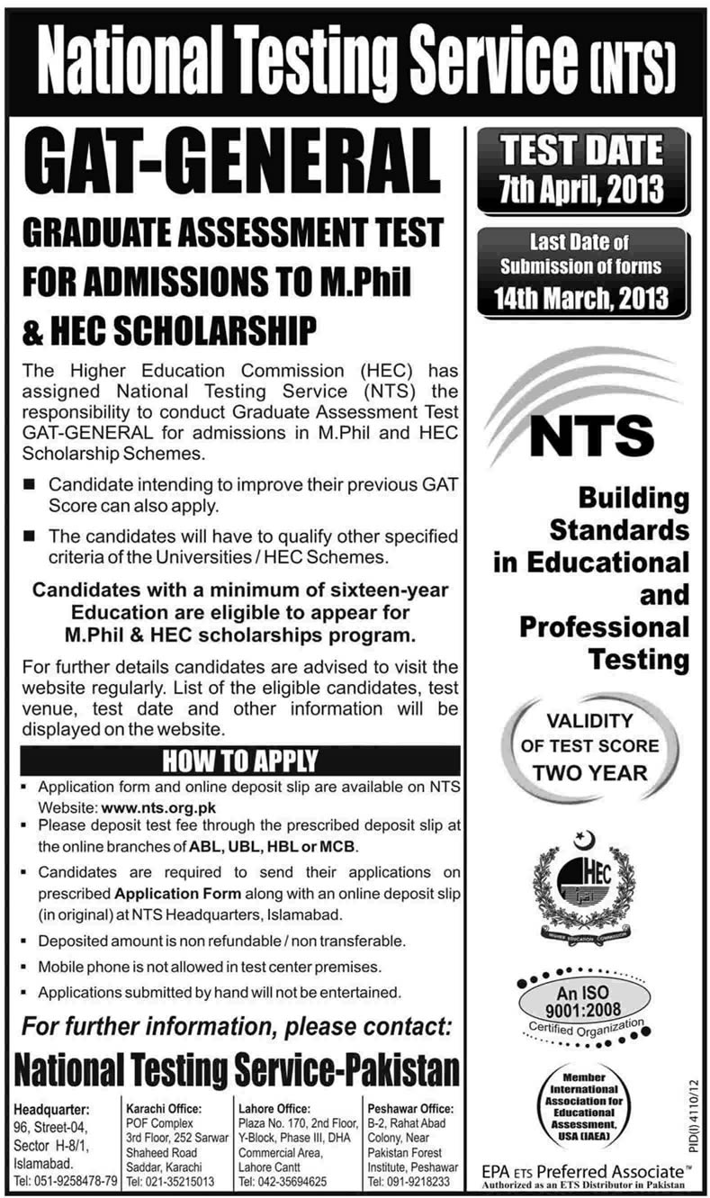 GAT-General Test by NTS on 7th April, 2013