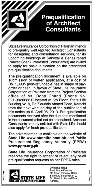 Architect Consultants Jobs Prequalification for State Life Insurance Corporation of Pakistan
