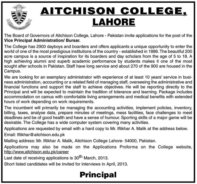 Vice Principal Administration / Bursar Vacancy at Aitchison College Lahore
