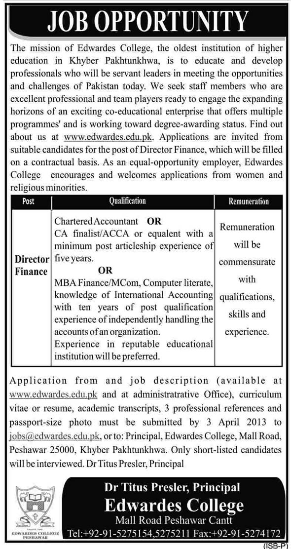 Edwardes College Peshawar Job for Director Finance 2013