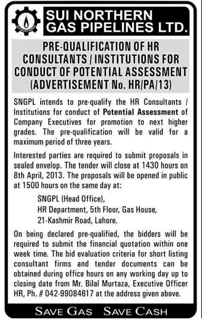 SNGPL Pre-Qualification of HR Consultants 2013 Sui Northern Gas Pipelines Limited