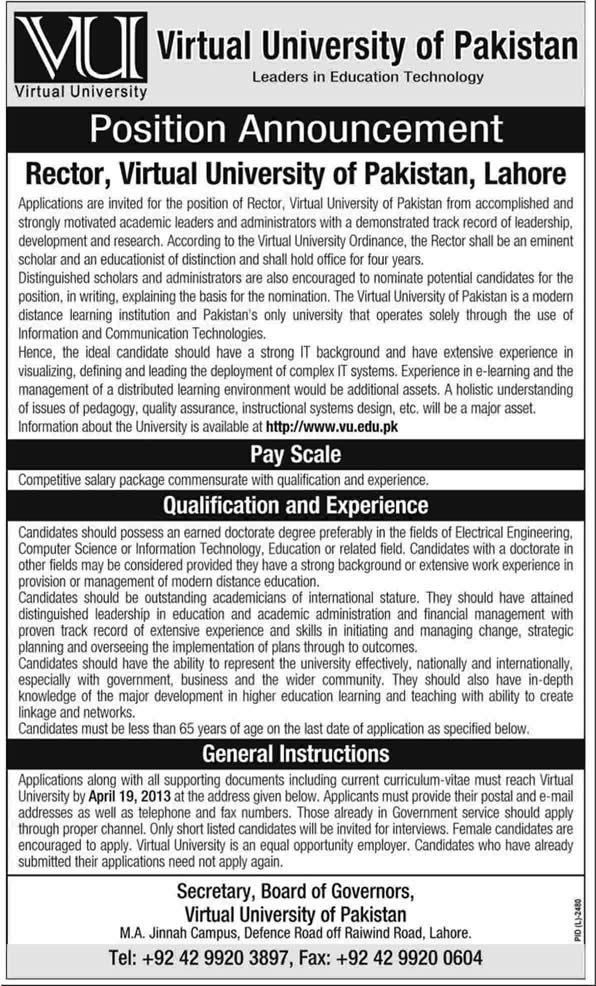 Rector Job at Virtual University of Pakistan March / April 2013
