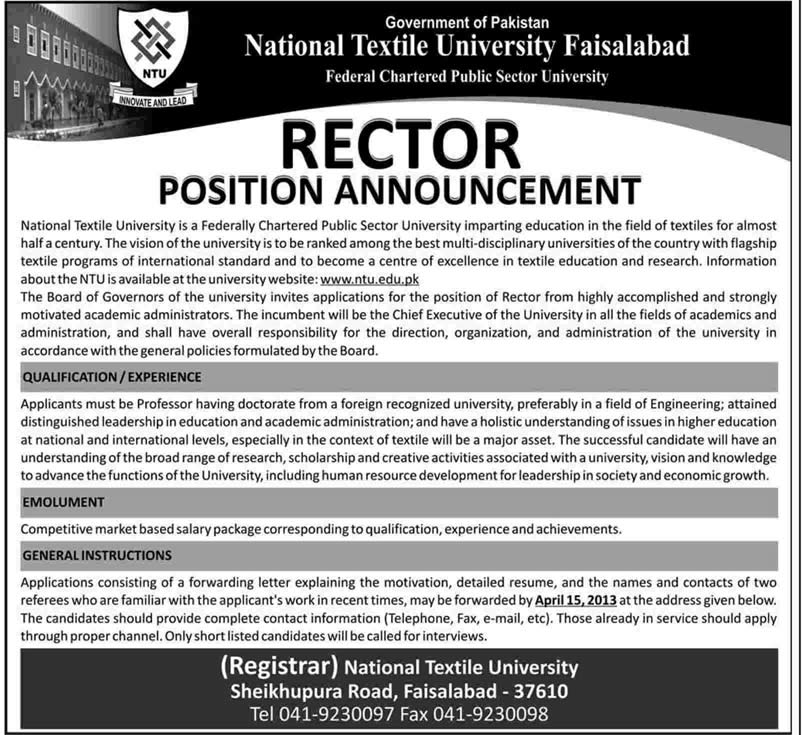 National Textile University (NTU) Faisalabad Job 2013 for Rector