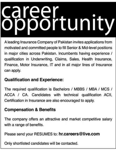 Jobs in Insurance Company in Pakistan 2013 Latest Senior & Middle Level Positions