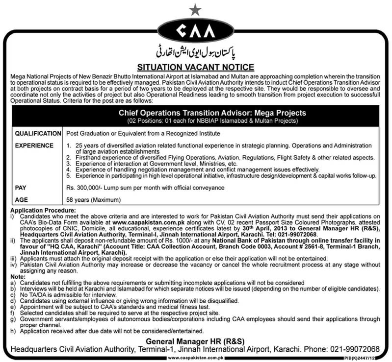 CAA Pakistan Jobs 2013 Latest Advertisement for Chief Operations Transition Advisor: Mega Projects