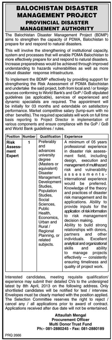 Balochistan Disaster Management Project (BDMP) Job 2013 for Risk Assessment Expert