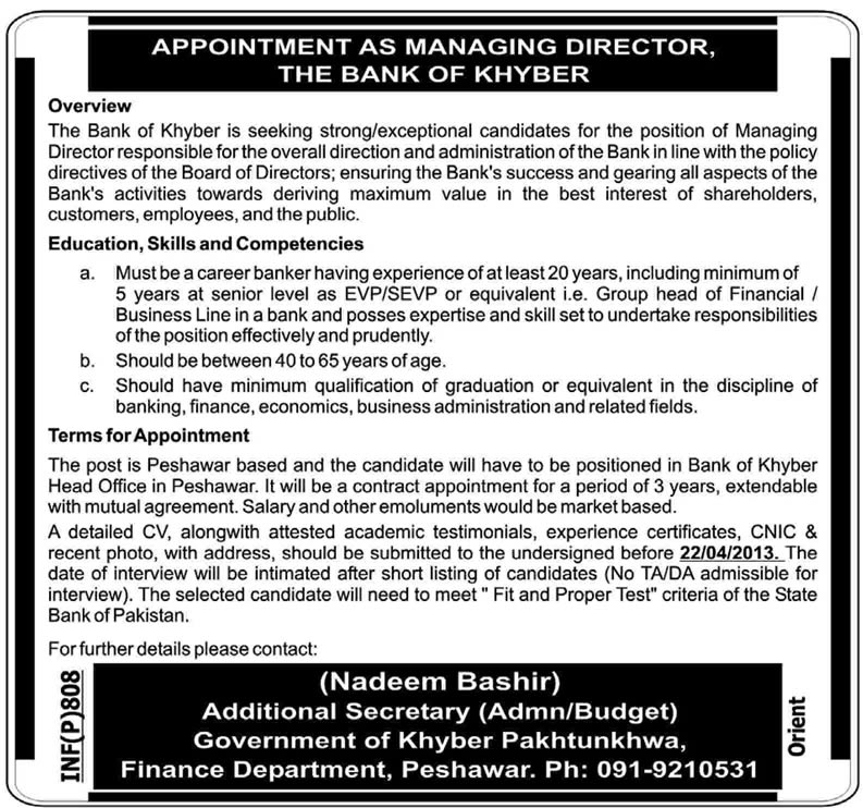 Bank of Khyber Managing Director Job Latest Advertisement 02-April-2013 Daily Dawn